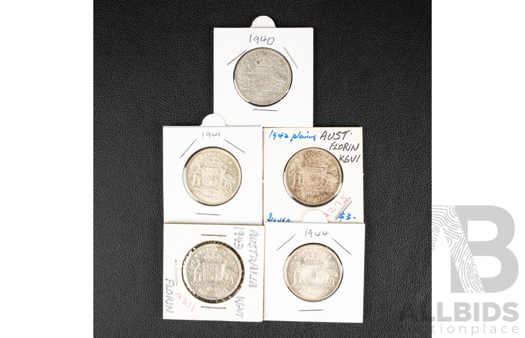 Five Australian KGVI Silver Florins 1940-1944 .925