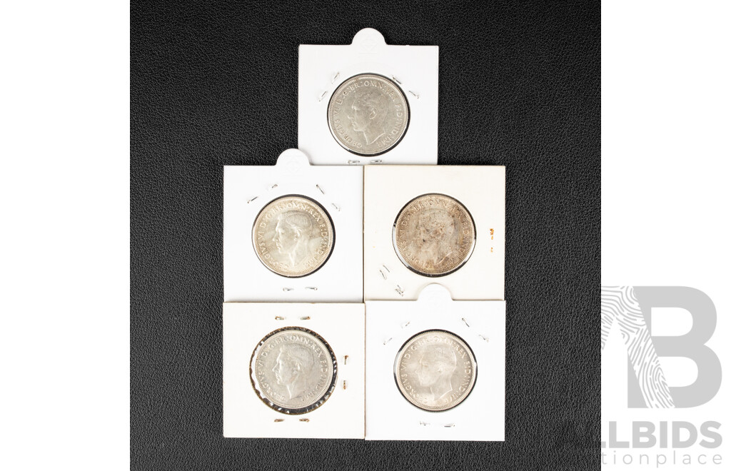 Five Australian KGVI Silver Florins 1940-1944 .925