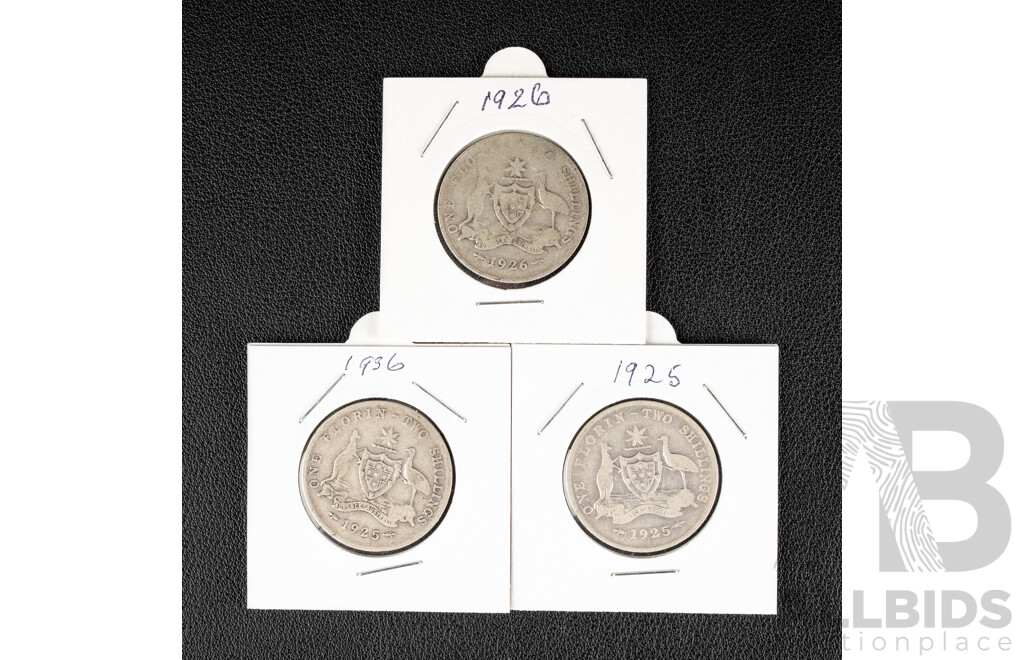 Australian KGV Silver Florins 1925, 1926,1936 .925