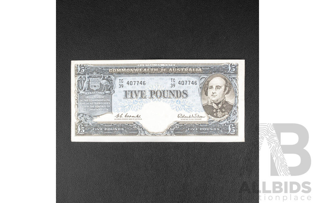 Australian 1960 Five Pound Note, Coombs/Wilson R50, TC39 407746.