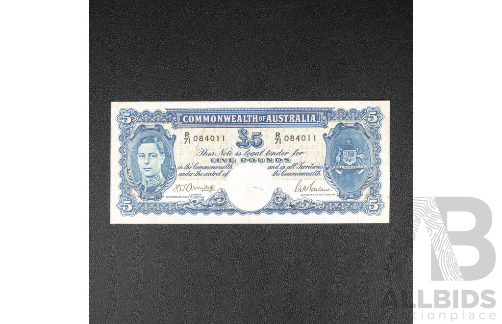 Australian 1941 Five Pound Note Armitage/McFarlane , R46 R71 084011