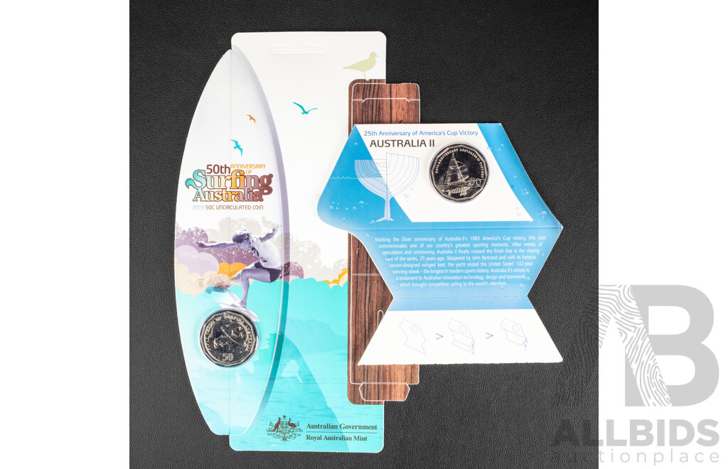 Australian Fifty Cent Coins, 2013 50th Anniversary Surfing Auatralia, 2008 Anniversary America's Cup