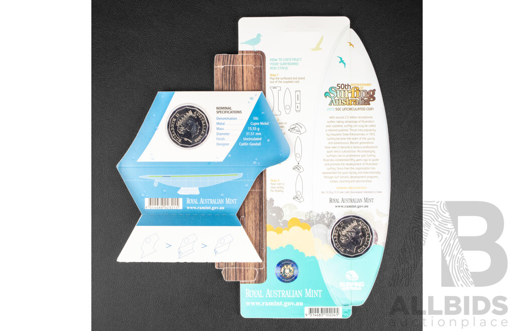 Australian Fifty Cent Coins, 2013 50th Anniversary Surfing Auatralia, 2008 Anniversary America's Cup