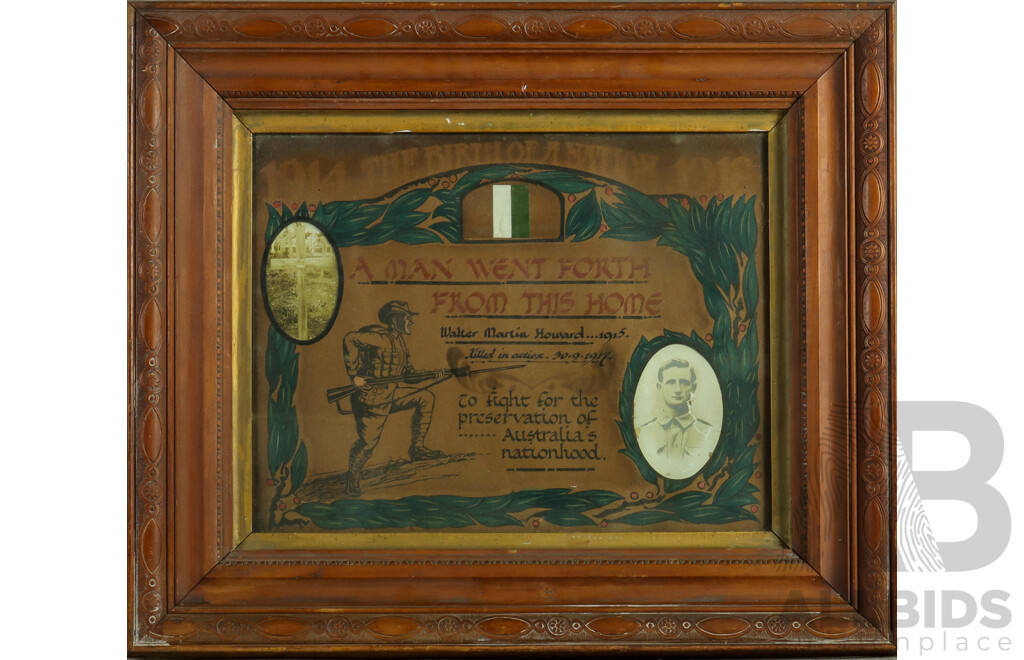 A Man Went Forth From His Home, Antique WWI Certificate of Appreciation, Awarded to Walter Martin Howard (Killed in Action, 30/9/1917), 55H x 65W cm (frame)