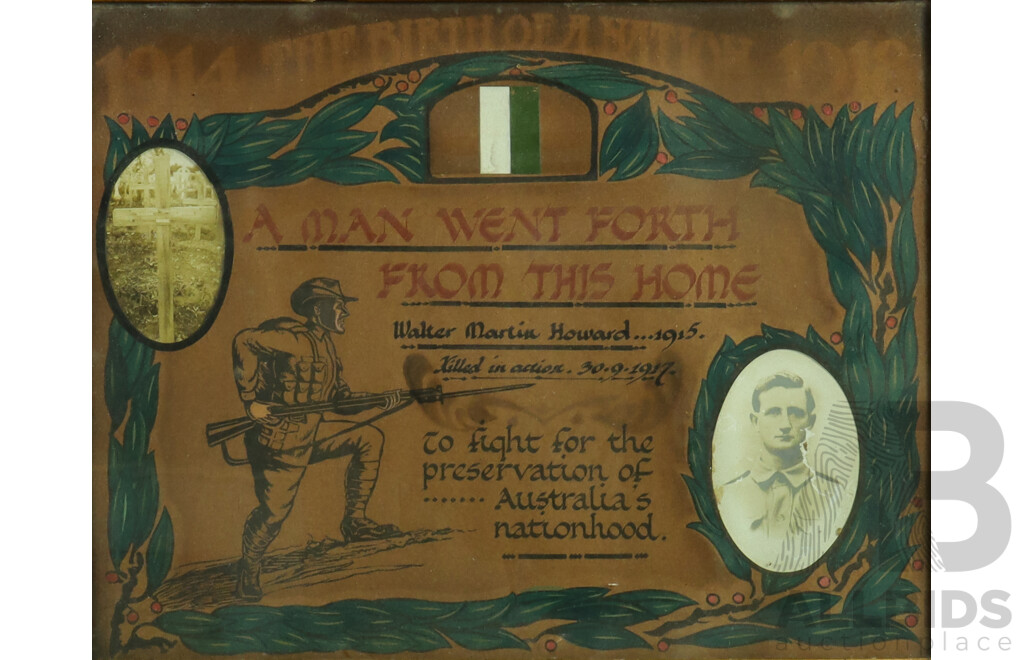 A Man Went Forth From His Home, Antique WWI Certificate of Appreciation, Awarded to Walter Martin Howard (Killed in Action, 30/9/1917), 55H x 65W cm (frame)
