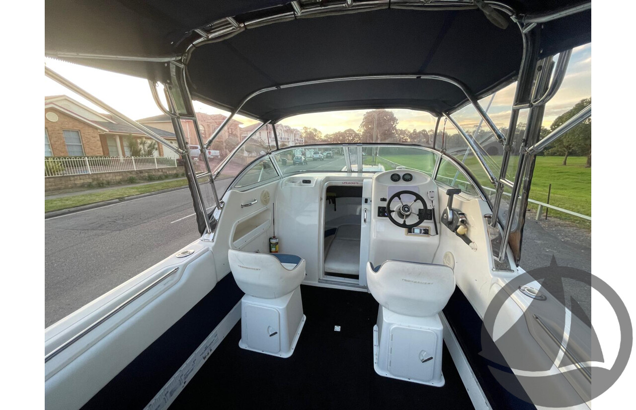 NO RESERVE - 2008 Mustang 2000 Bluewater Half Cabin, 150HP Etec Evinrude, 439Hrs