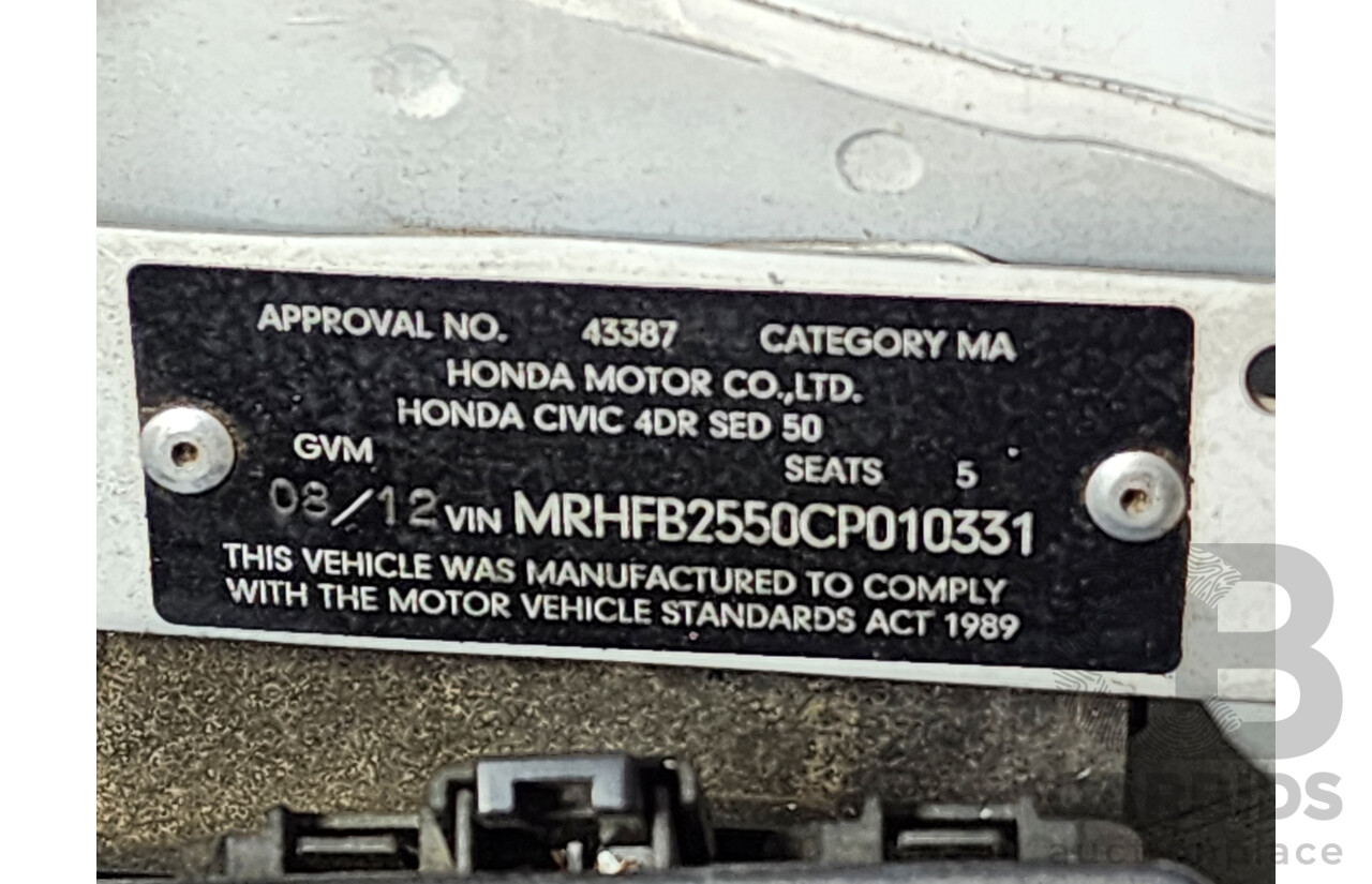 8/2012 Honda Civic VTi SERIES 2 4d Sedan White 1.8L