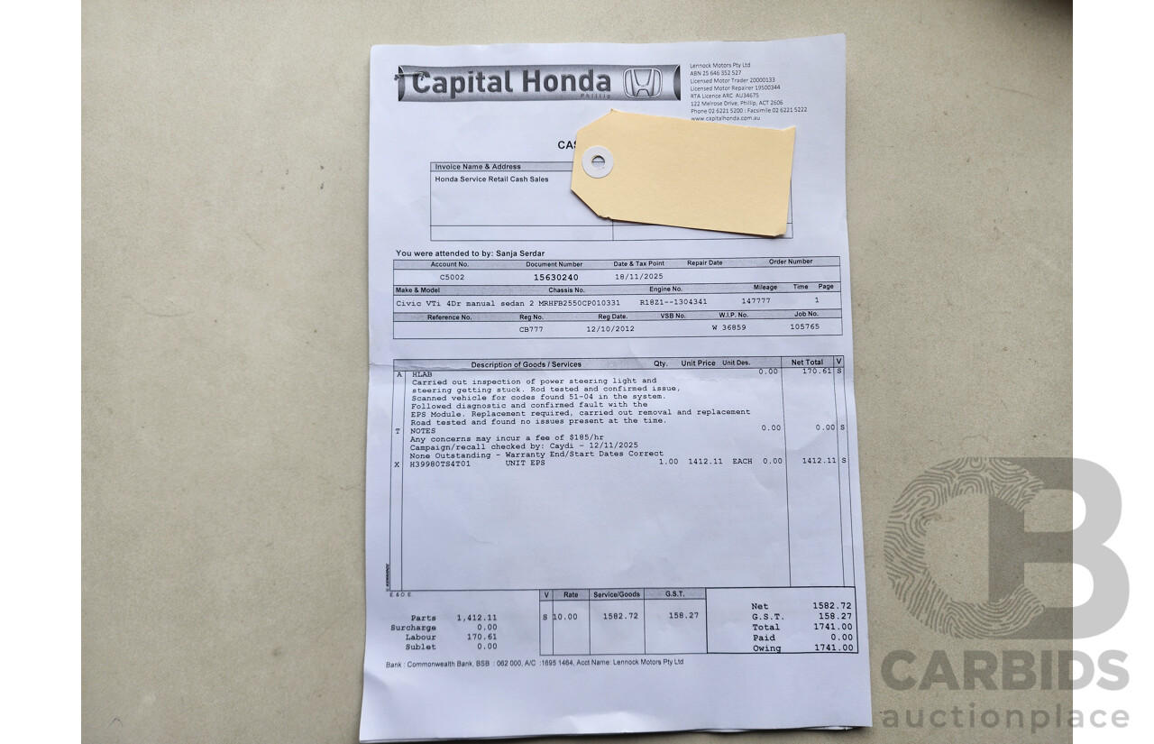 8/2012 Honda Civic VTi SERIES 2 4d Sedan White 1.8L