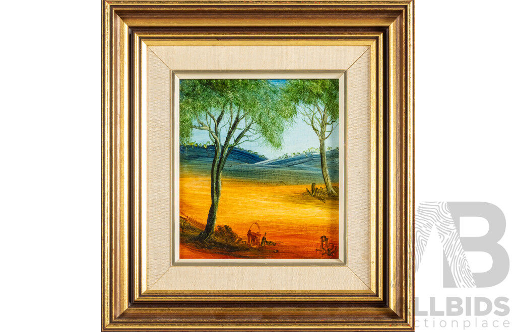 Pro Hart, (20th Century, Australian, 1928-2006), Landscape (1983), Original Oil on Hardboard, 39H x 37W cm (frame)