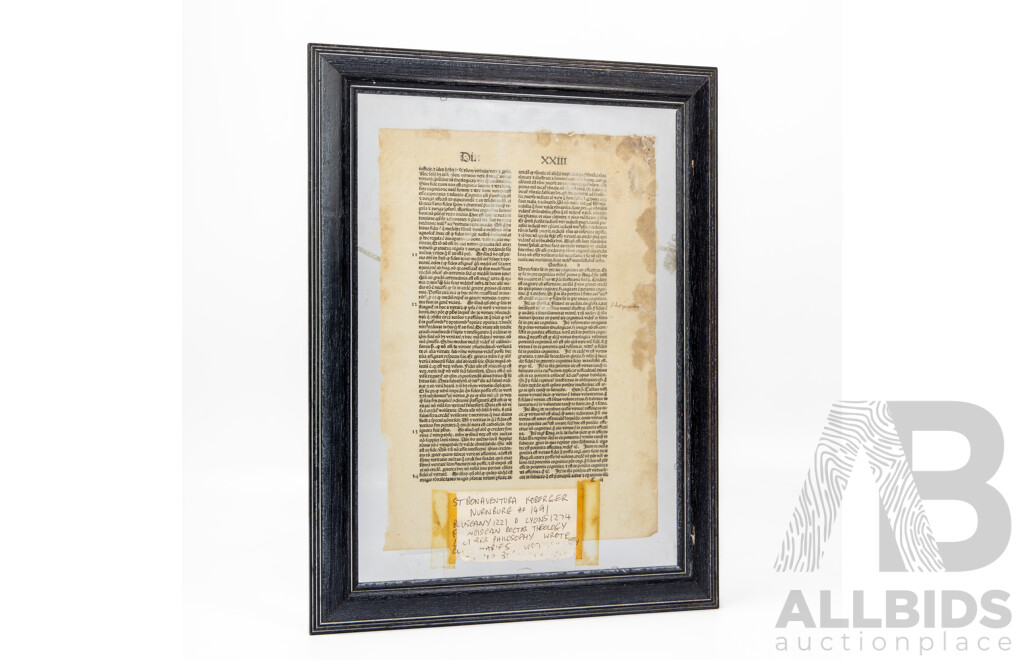 Unique Antique Single Incunabula Leaf Page From Work by St Bonaventure (Printed by Koberger; Nuremburg C1491), 41H X 31W Cm (frame)
