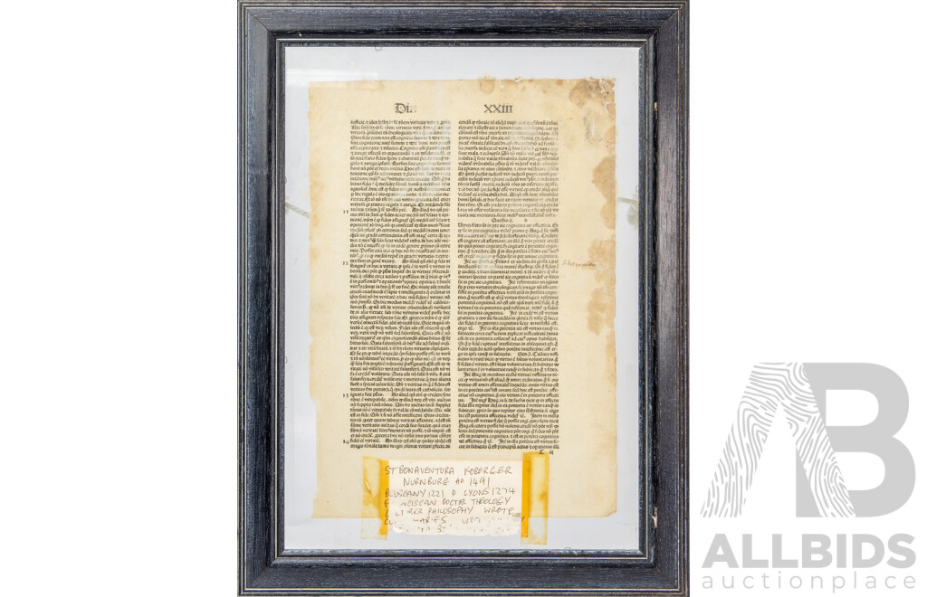 Unique Antique Single Incunabula Leaf Page From Work by St Bonaventure (Printed by Koberger; Nuremburg C1491), 41H X 31W Cm (frame)