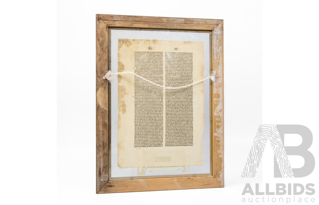 Unique Antique Single Incunabula Leaf Page From Work by St Bonaventure (Printed by Koberger; Nuremburg C1491), 41H X 31W Cm (frame)