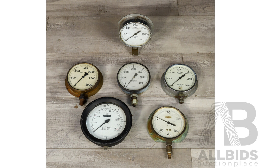 Five Vintage Industrial Pressure Gauges Including Floyd, Budenburg, ANA, Bestobell, All Made in Australia