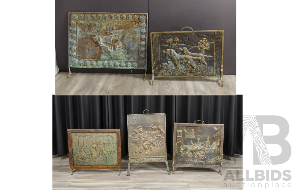 Collection of Five Copper and Brass Fire Screens