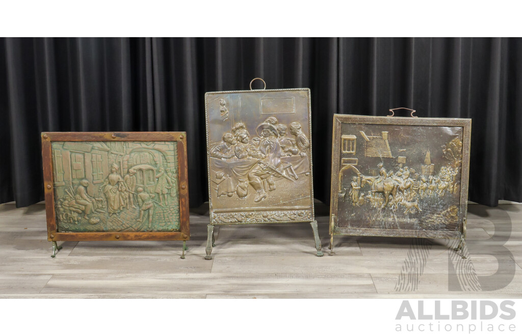 Collection of Five Copper and Brass Fire Screens