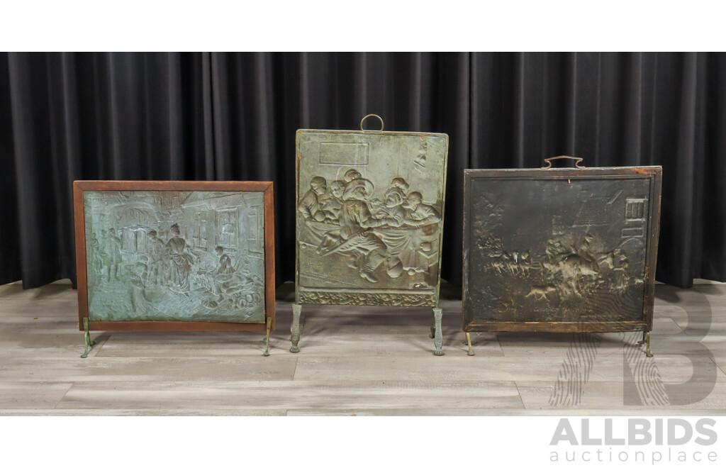 Collection of Five Copper and Brass Fire Screens
