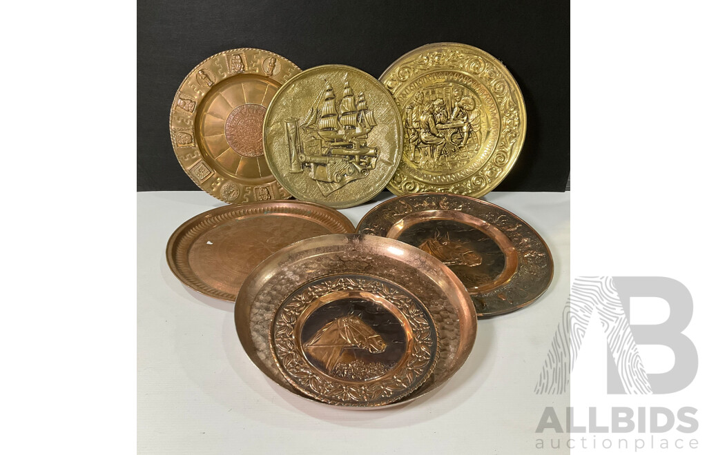 Collection of Seven Large Copper and Brass Decorative Wall Plates and Platers