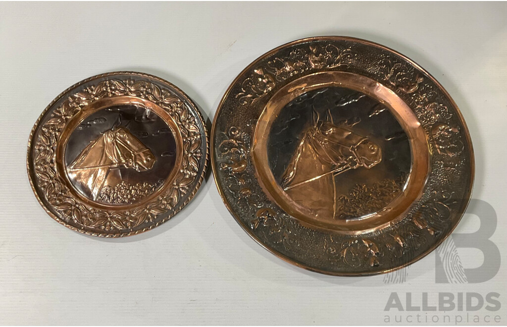 Collection of Seven Large Copper and Brass Decorative Wall Plates and Platers