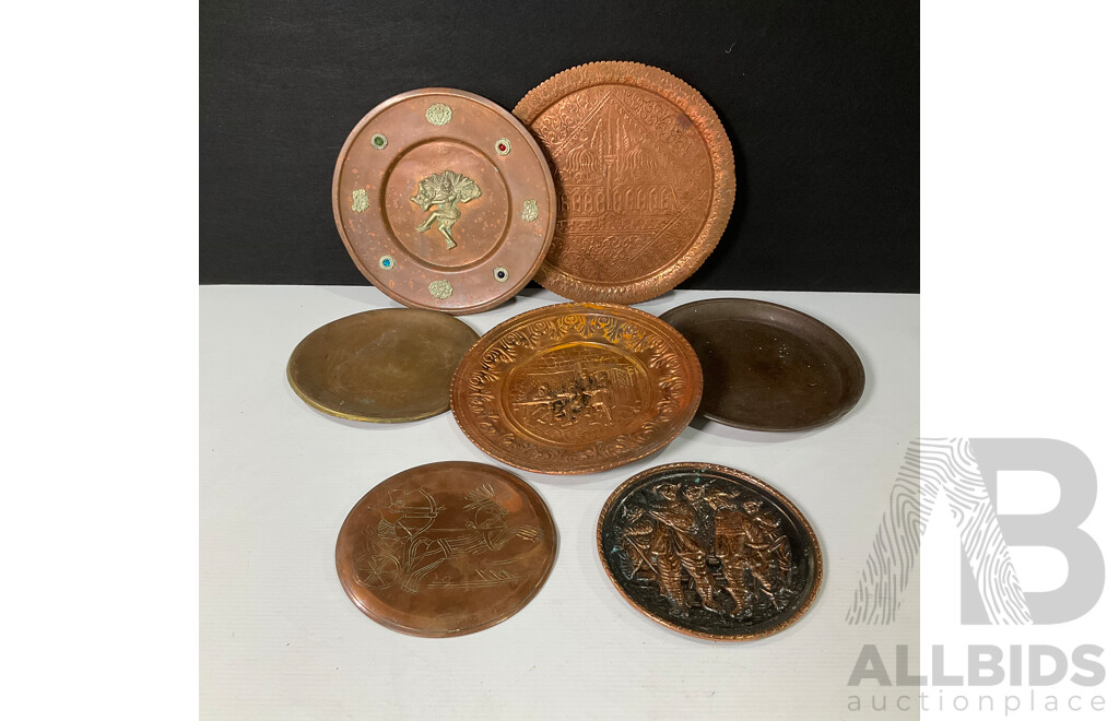 Collection of Seven Large Copper and Brass Decorative Wall Plates