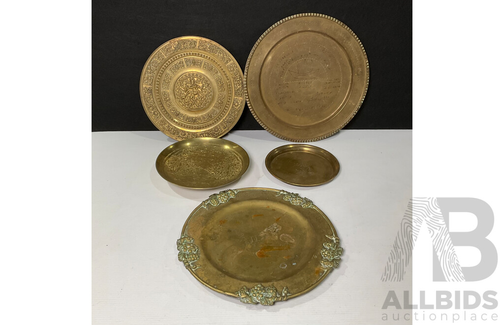 Collection of Five Brass Decorative Wall Plates and More