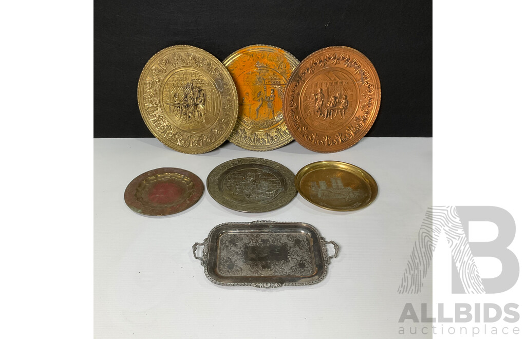 Collection of Seven Copper and Brass Decorative Wall Plates and Tray