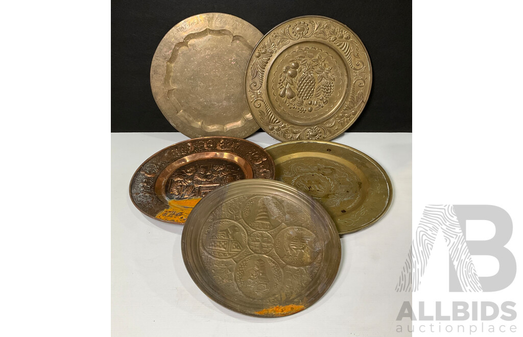Collection of Five Large Copper and Brass Decorative Wall Plates