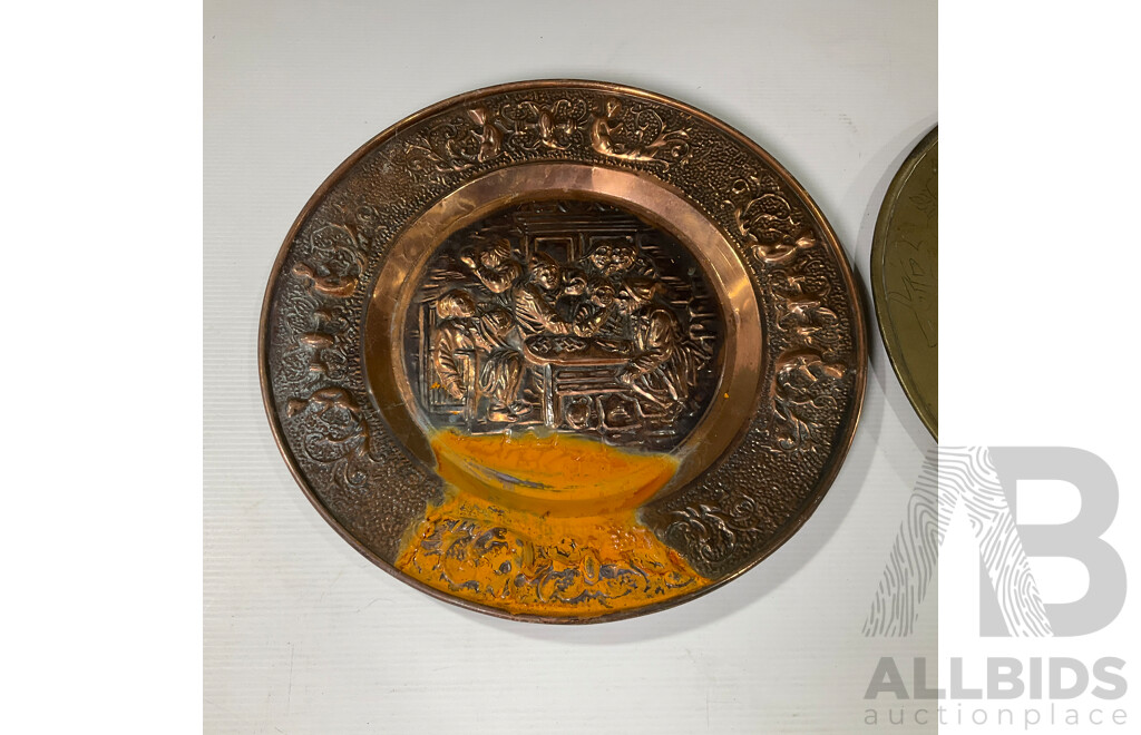 Collection of Five Large Copper and Brass Decorative Wall Plates