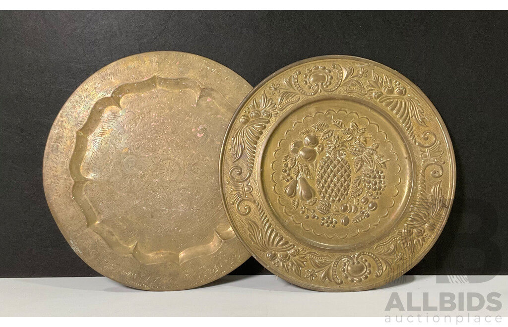 Collection of Five Large Copper and Brass Decorative Wall Plates