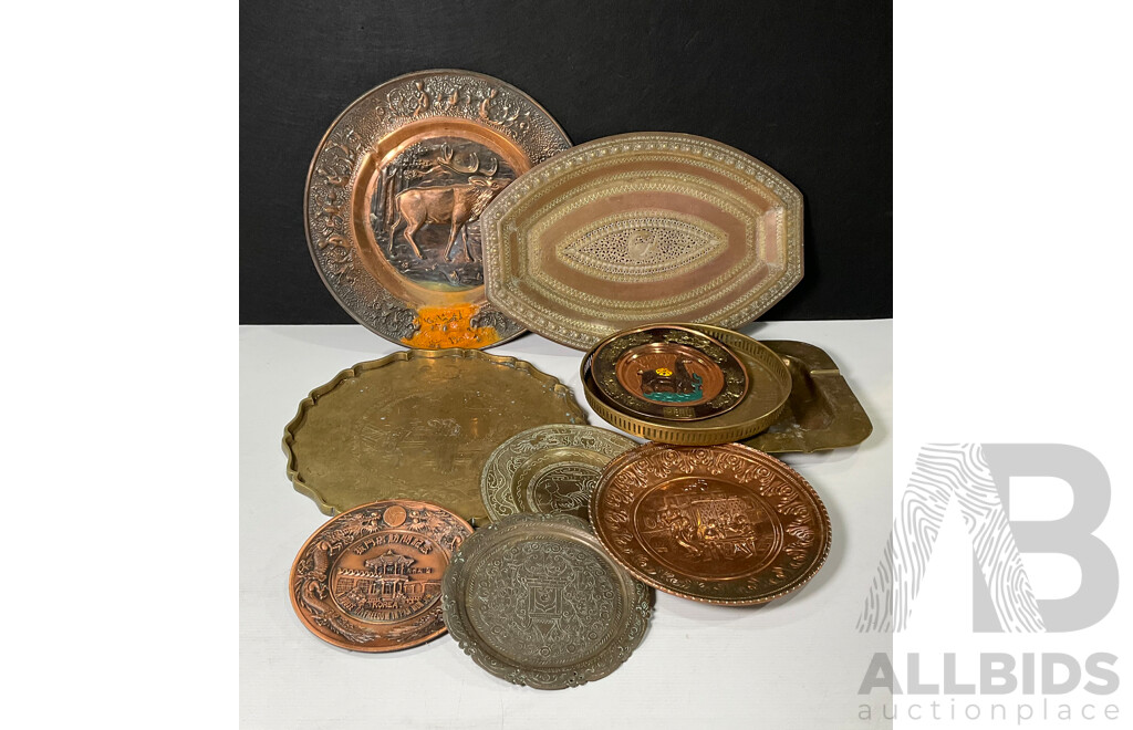Collection of Ten Copper and Brass Trays
