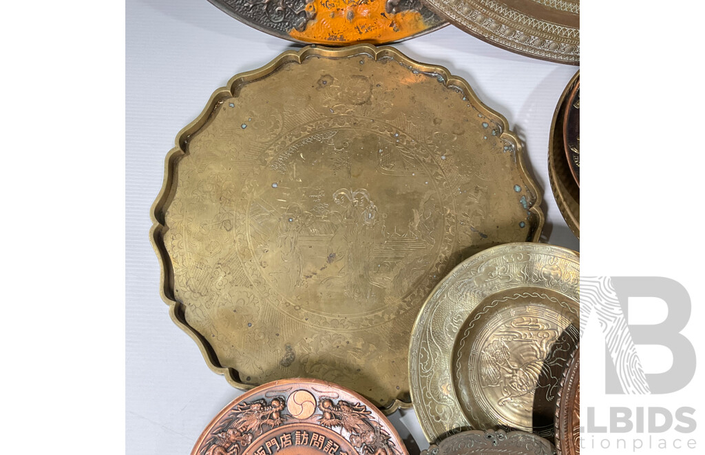 Collection of Ten Copper and Brass Trays