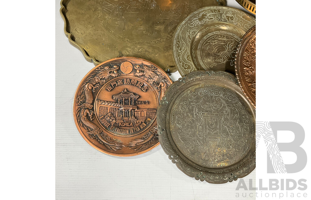 Collection of Ten Copper and Brass Trays