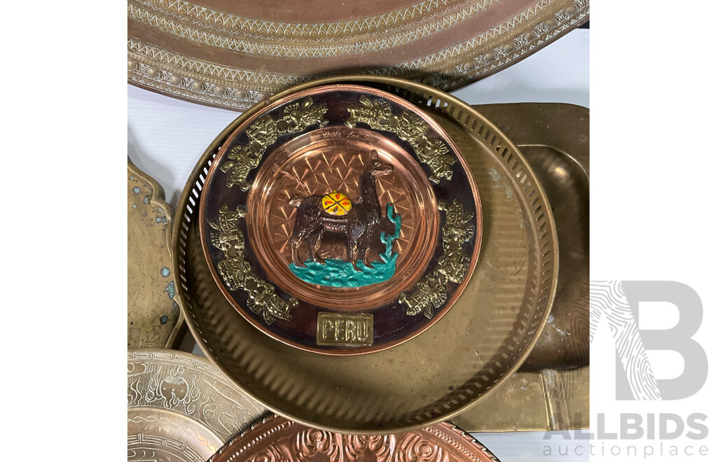 Collection of Ten Copper and Brass Trays