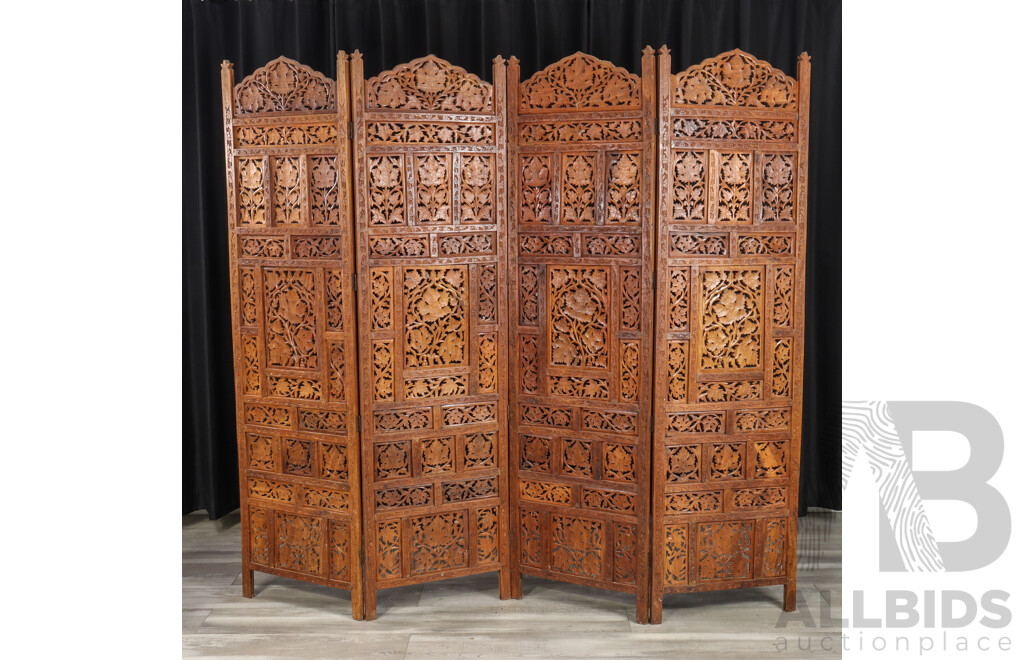 Timber Hand Carved Indian Four Panel Dressing Screen