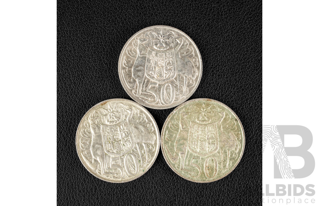 Three Australian 1966 Round Silver Fifty Cent Coins .800
