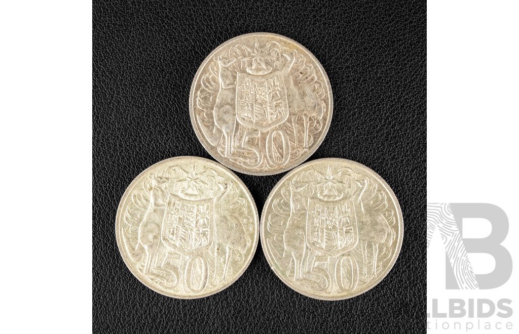 Three Australian 1966 Round Silver Fifty Cent Coins .800