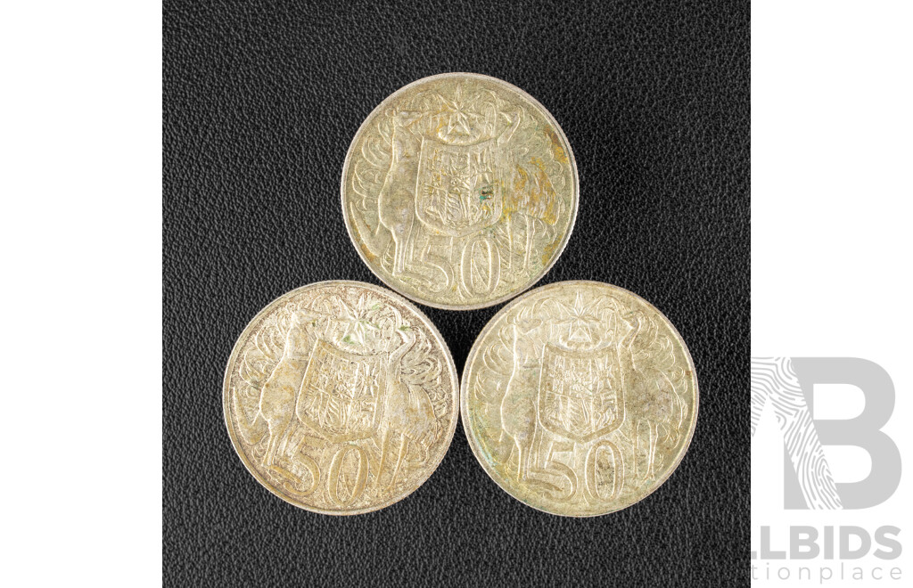 Three Australian 1966 Round Silver Fifty Cent Coins .800