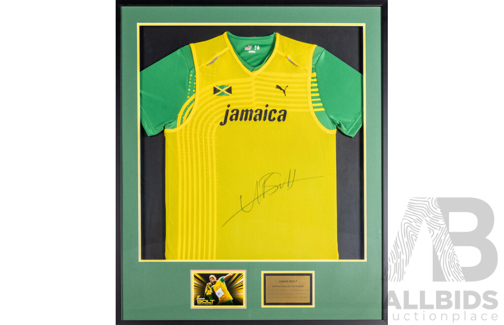 Framed Signed Usain Bolt Team Jamaica Team Shirt