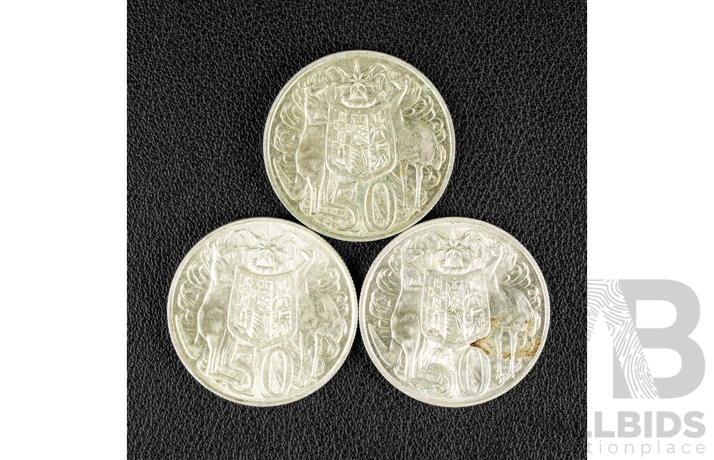 Three Australian 1966 Round Silver Fifty Cent Coins .800