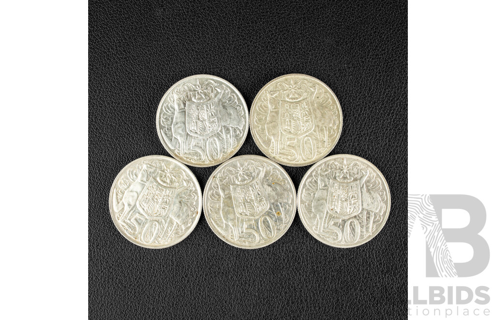 Five Australian 1966 Round Silver Fifty Cent Coins .800