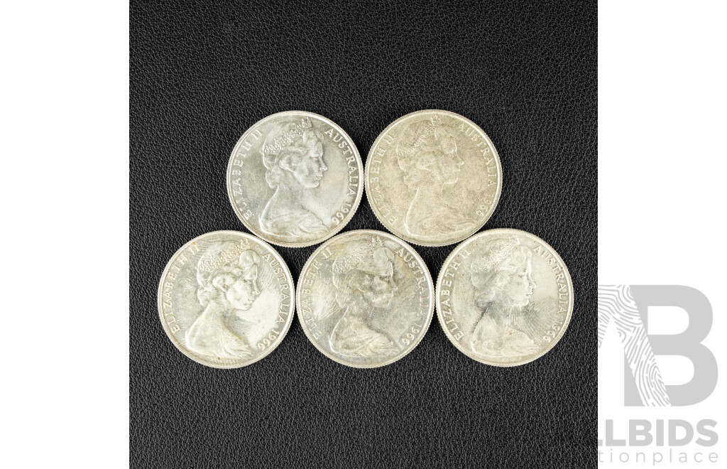 Five Australian 1966 Round Silver Fifty Cent Coins .800
