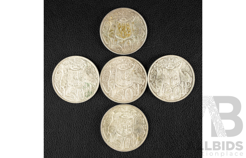 Five Australian 1966 Round Silver Fifty Cent Coins .800