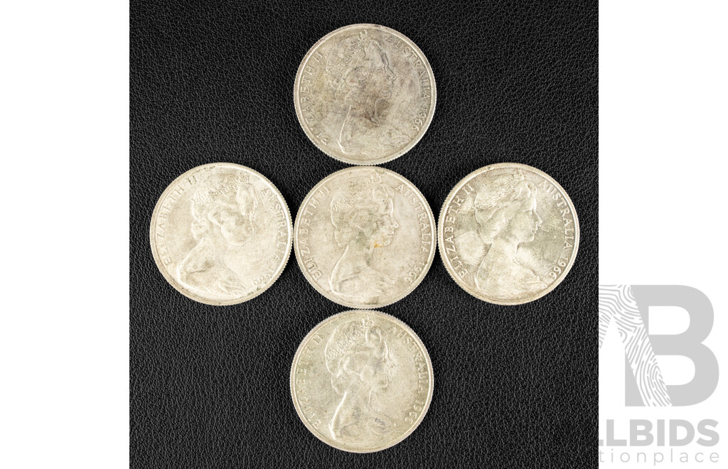 Five Australian 1966 Round Silver Fifty Cent Coins .800