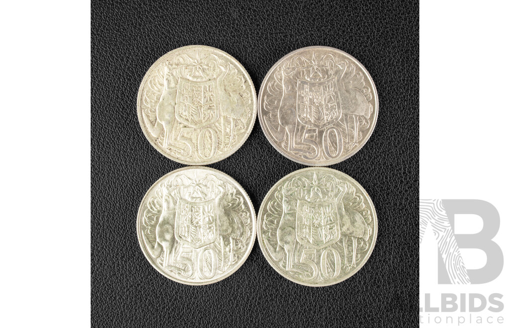 Four Australian 1966 Round Silver Fifty Cent Coins .800