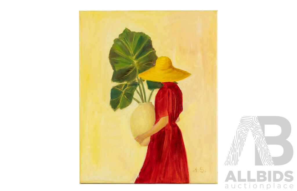 Angela Stankovic (20th Century, Australian), Woman in Red, Original Oil on Canvas, 51H x 40W cm