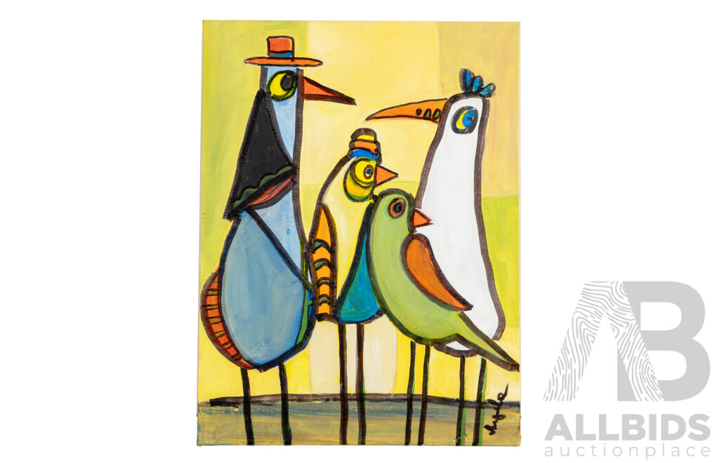 Angela Stankovic (20th Century, Australian), Family Portrait, Original Mid-Century Style Oil on Canvas, 40H x 30W cm