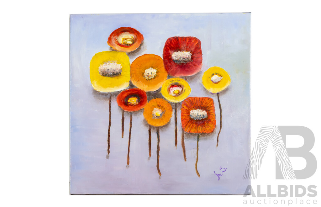 Angela Stankovic (20th Century, Australian), Flowers, Wonderful Mid-Century Style Original Oil on Canvas, 36H x 36W cm (frame)