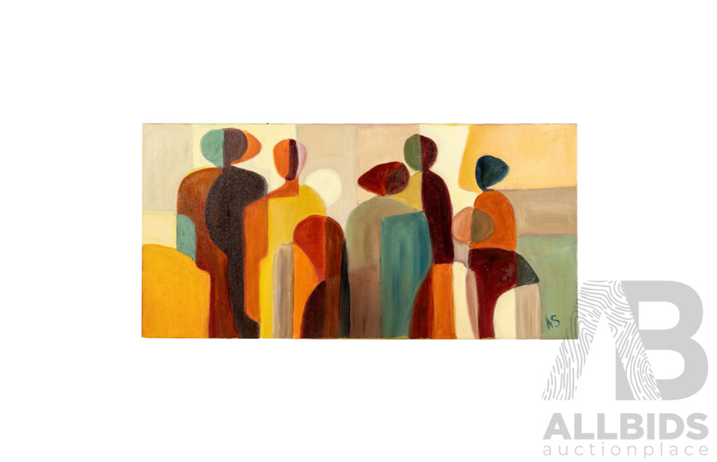 Angela Stankovic (20th Century, Australian), Quiet Company, Original Mid-Century Style Oil on Canvas, 37H x 75W cm (frame)