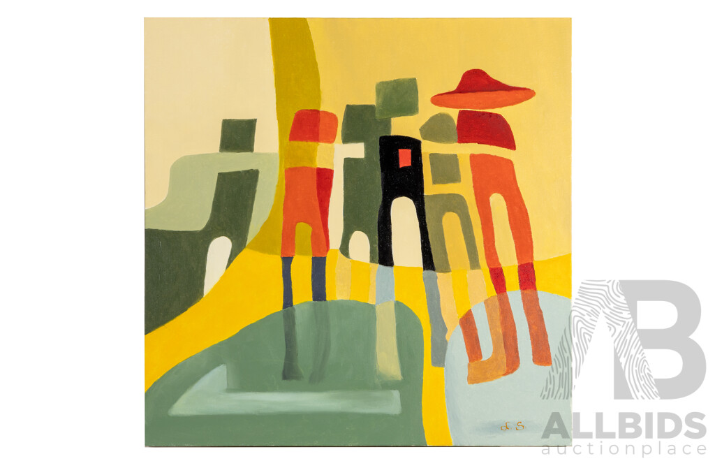 Lazo Stankovic, (20th Century, Australian) Untitled - Abstract Cityscape, Wonderful Original Mid-Century Style Oil on Canvas, 61H x 61W cm