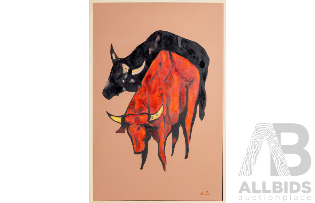 Lazo Stankovic, (20th Century, Australian) Untitled - Bull Fight, Wonderful Original Mid-Century Style Oil on Canvas, 60H x 40W cm (frame)