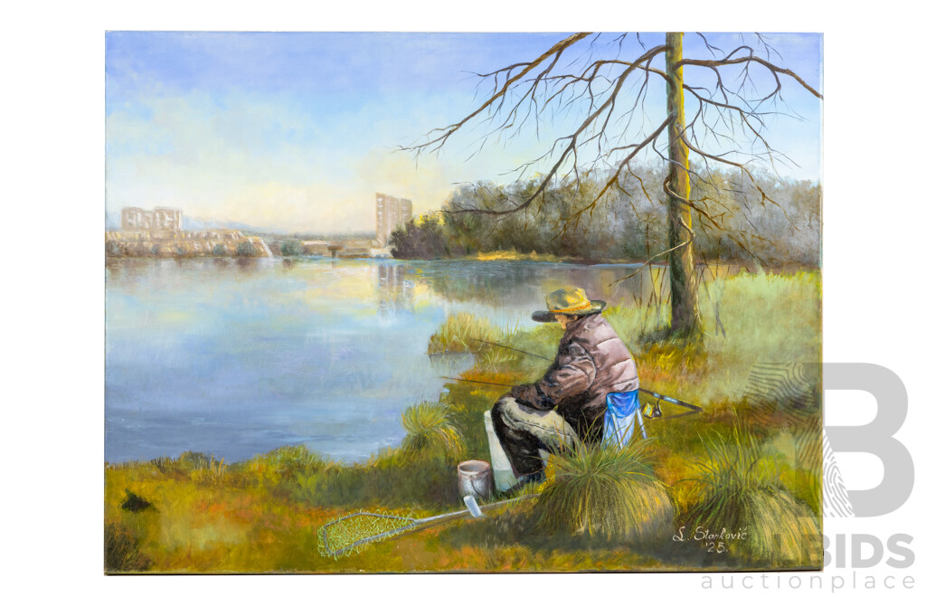Lazo Stankovic, (20th Century, Australian), Fishing at Ginninderra, Wonderful Original Oil on Canvas, 61H x 81W cm (frame)